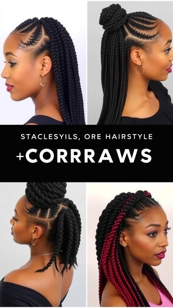 Collage of four cornrow hairstyles: classic, feed-in, updo, and curved styles on diverse models.